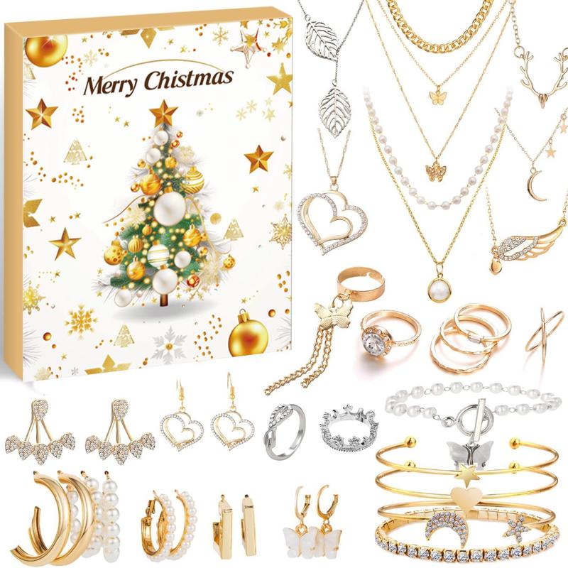 2024 Christmas Advent Calendar  Jewelry Box For Women & girls, Christmas 2024 Ornament Necklace Earring Finger Rings CalendarXmas Gift Rosegold Earrings New Year Countdown Calendar Xmas Gift Pendulum Necklaces Jewels ,Charm Bracelet