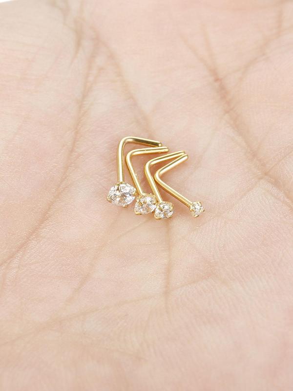 Rhinestone Decor Nose Studs Set, L Shaped Straight Nose Rings, Piercing Jewelry for Women & Men, Fashion Accessories for Party, Daily Clothing Decor