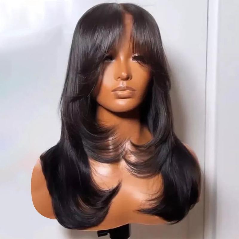 Jessie's Wig [Gola] Curtain Bangs Wavy Layer Cut 7x5 Pre Cut Lace Wig Glueless Human Hair Wig - Medium Cap Size