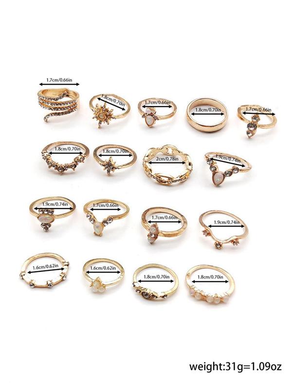 Elegant Geometric Design Rhinestones Decor Ring Set, 17pcs Boho Style Zinc Alloy Jewelry for Women, Casual Fashion Accessories for Party, Daily Clothing Decor