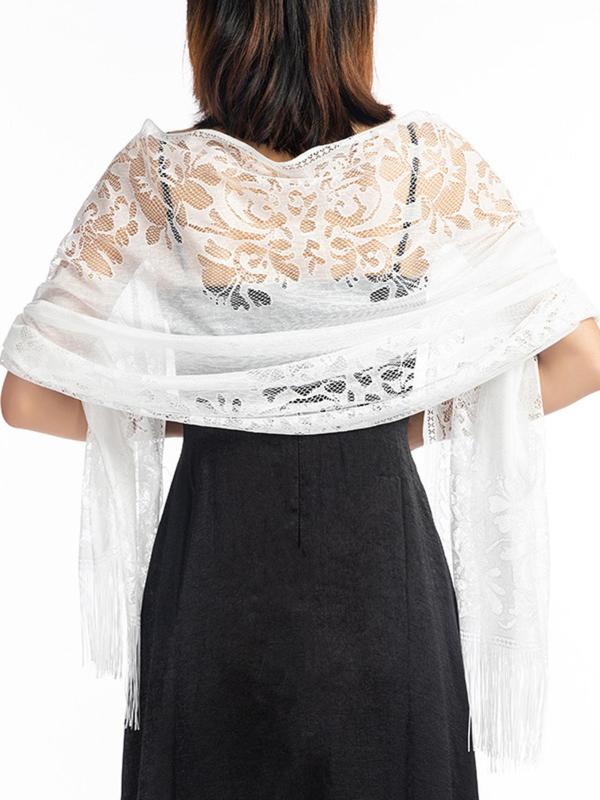 Women's Elegant Floral Lace Tassel Trim Shawl, Soft Comfortable Shawl for Party Evening Formal Occasions, Fashion Accessories for Women