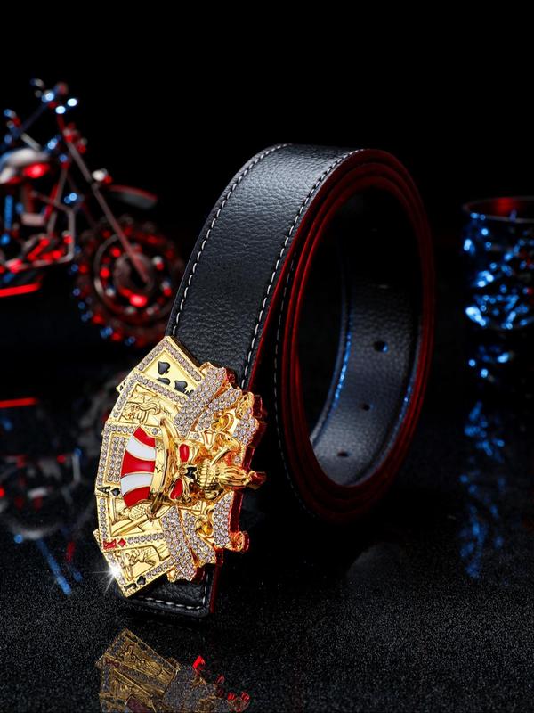 Men's Punk Style Fashion Rhinestones Decorated Poker Design Belt, Casual Trendy Pu Buckle Belt, Fashionable Belt for Daily & Party Clothing Decoration