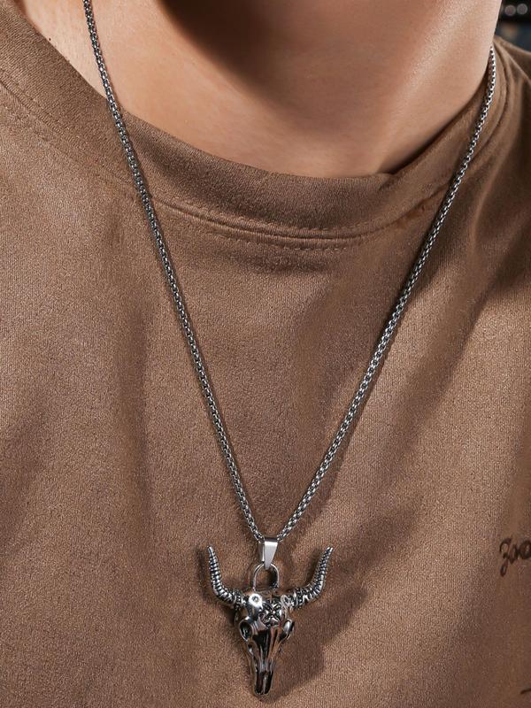 Men's Vintage Style Cow Head Design Pendant Necklace, Minimalist Chain Necklace, Casual Alloy Accessories