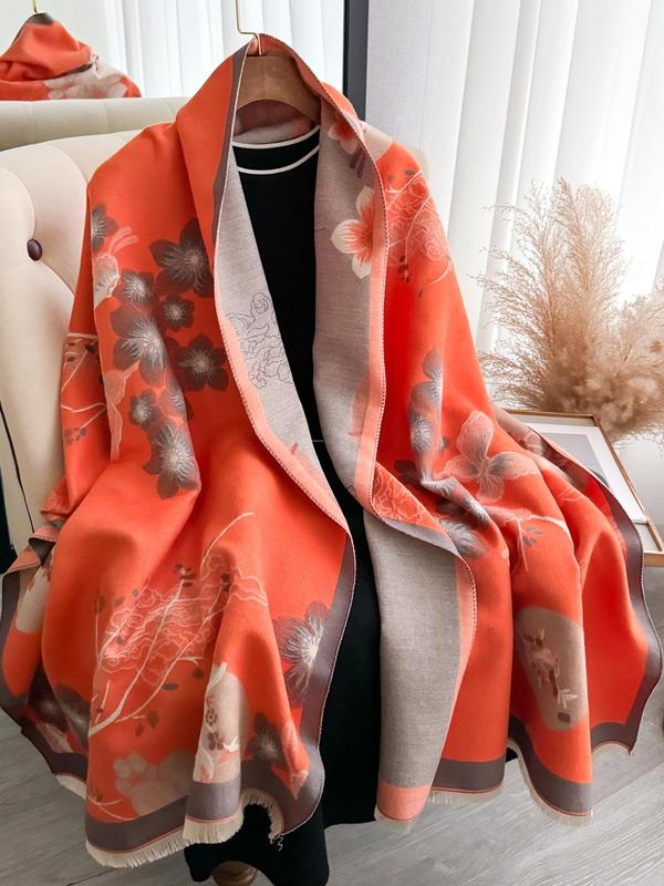 Women's Floral Print Double Sided Shawl, Boho Style Thickened Warm Scarf for Fall & Winter, Fashion Accessories for Women & Girls