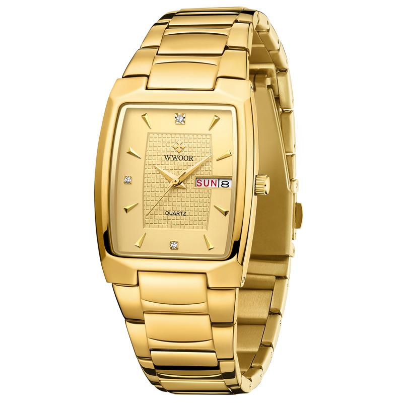 WWOOR Square Gold Watches for Men Stainless Steel Luxury Business Waterproof Wristwatches Fashion Quartz Classic Wrist Watches Relojes para hombre