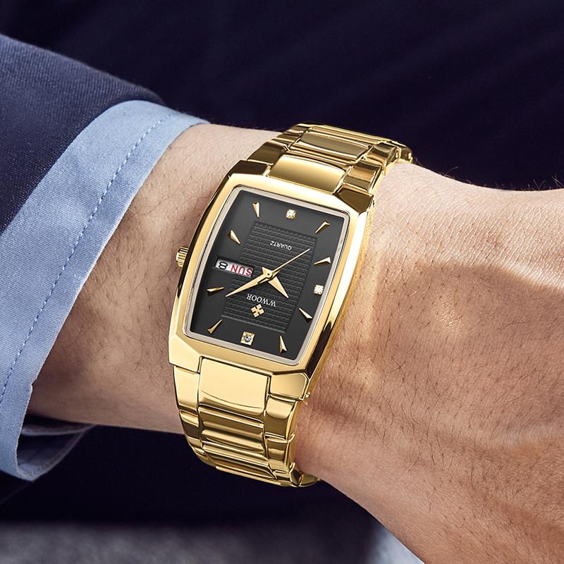 WWOOR Square Gold Watches for Men Stainless Steel Luxury Business Waterproof Wristwatches Fashion Quartz Classic Wrist Watches Relojes para hombre