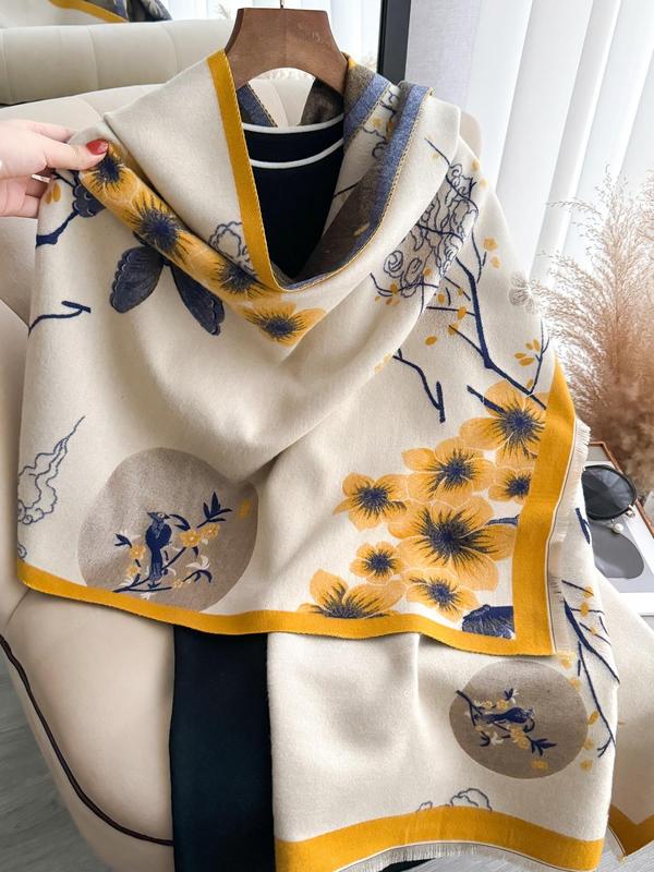 Women's Floral Print Double Sided Shawl, Boho Style Thickened Warm Scarf for Fall & Winter, Fashion Accessories for Women & Girls