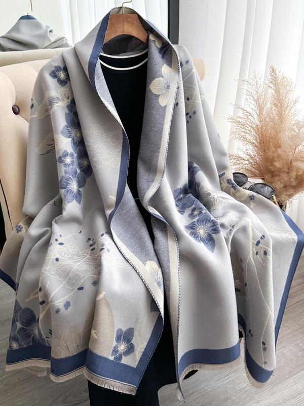 Women's Floral Print Double Sided Shawl, Boho Style Thickened Warm Scarf for Fall & Winter, Fashion Accessories for Women & Girls