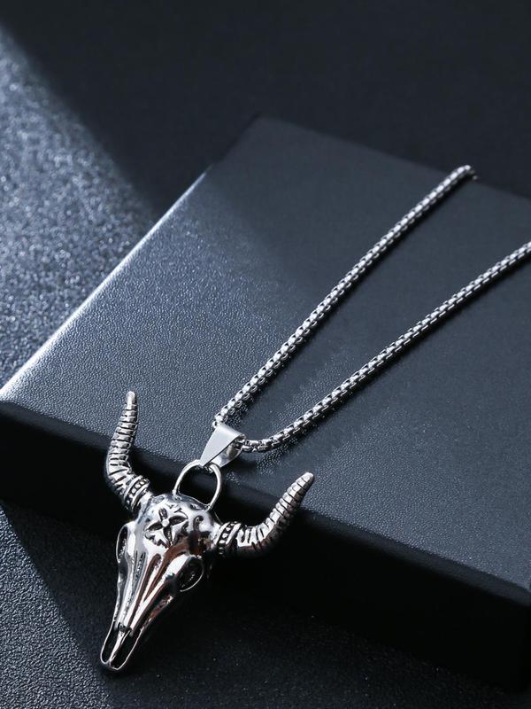 Men's Vintage Style Cow Head Design Pendant Necklace, Minimalist Chain Necklace, Casual Alloy Accessories