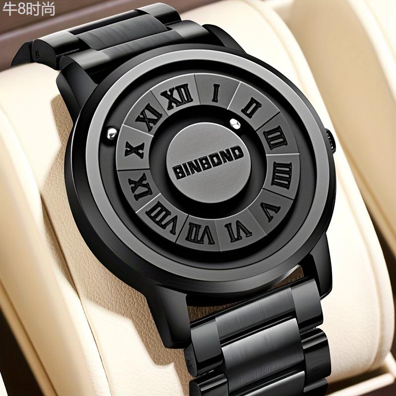 Binbond Funky Style Men's Watch with Magnetic Levitation Rolling Ball, Creative Personalized Concept, Non-Waterproof, Digital Display, Quartz Movement, Electronic Drive, Round Alloy Case, Stainless Steel Strap