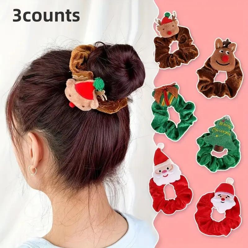 Random Color and Style Cute Christmas Themed Hair Tie, 3 Counts set Santa Claus Christmas Tree Design Hair Tie, Fashion Hair Accessories