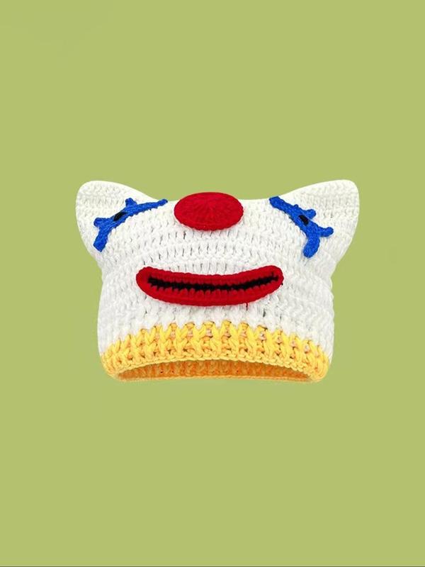 Cute Cartoon Clown Panda Design Beanie Hat, Casual Thickened Windproof Braided Crochet Warm Knit Hat for Fall & Winter, Fashion Accessories for Both Men & Women