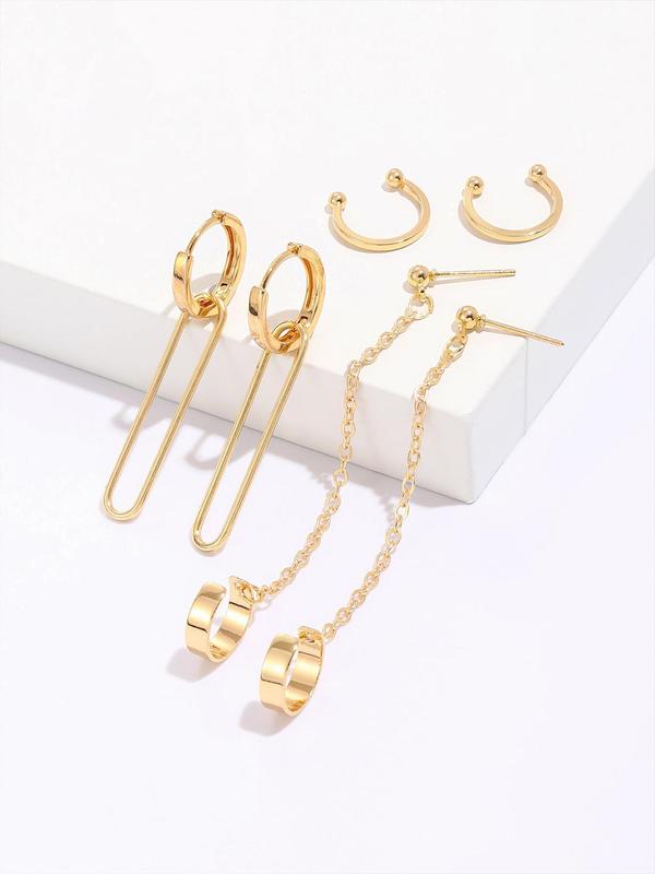 Women's Simple Style Plain Geometric Design Dangle Earrings, Trendy Chain Decor Ear Cuff Studs, Simple Style Ear Cuff, Fashionable Earrings Set Jewelry