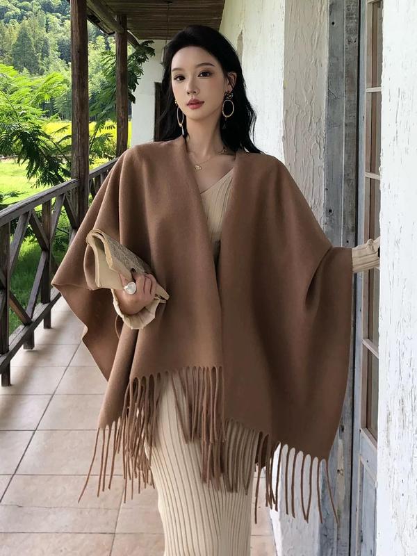 Women's Solid Color Tassel Decor Cape Shawl, Casual Fringe Trim Long Shawl for Fall & Winter, Fashion Clothes Accessories for Women & Girls