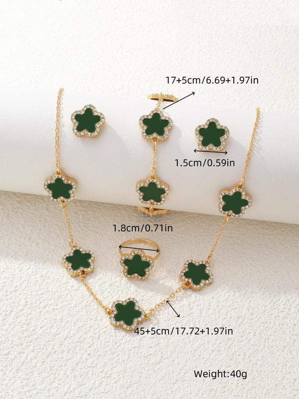 Women's Elegant Rhinestone Decor Flower Design Necklace & Stud Earrings & Ring & Bracelet, Exquisite Trendy Jewelry Set, Fashionable Accessories for Party & Daily