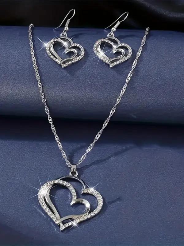 Rhinestone Decorated Hollow Heart Shaped Pendant Necklace & Dangle Earrings, 3pcs Exquisite Fashion Alloy Jewelry Set for Wedding Engagement Bridesmaid Outfit Prom, Holiday Gifts for Women