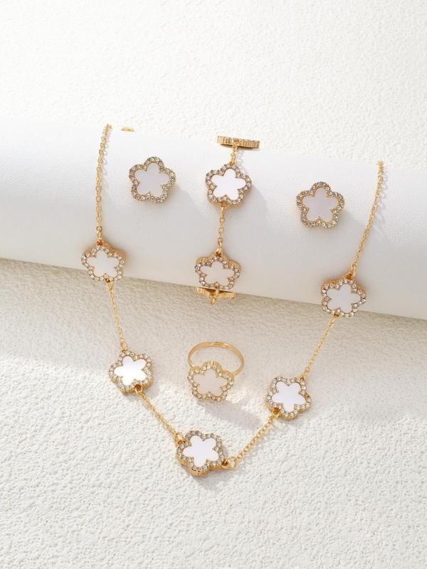 Women's Elegant Rhinestone Decor Flower Design Necklace & Stud Earrings & Ring & Bracelet, Exquisite Trendy Jewelry Set, Fashionable Accessories for Party & Daily