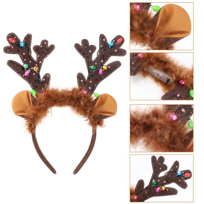 Reindeer Antlers Headband, LED Deer Antlers Headband with Bells Light Up Christmas Reindeer Ears Headband