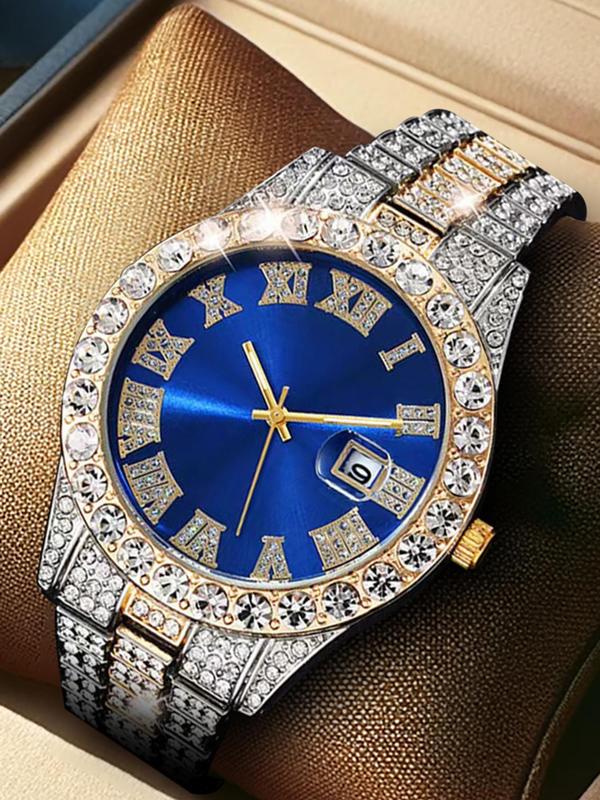 Men's Luxury Rhinestone Decorated Round Dial Quartz Watch, with Box, Fashionable Exquisite Back To School Wristwatch, Trendy Watch for Party, Daily Clothing Decor As Boyfriend Gifts, Fall Outfits, Fall Freshness Fall, 80s Fashion