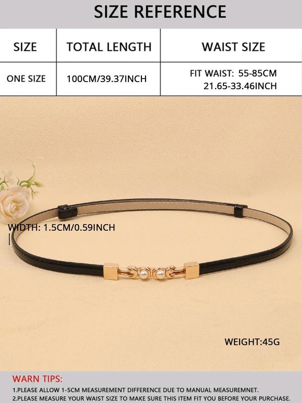 Women's Elegant Solid Color Faux Pearl Design PU Symmetrical Buckle Belt, Fashion Zinc Alloy Skinny Belt For Dress & Jeans