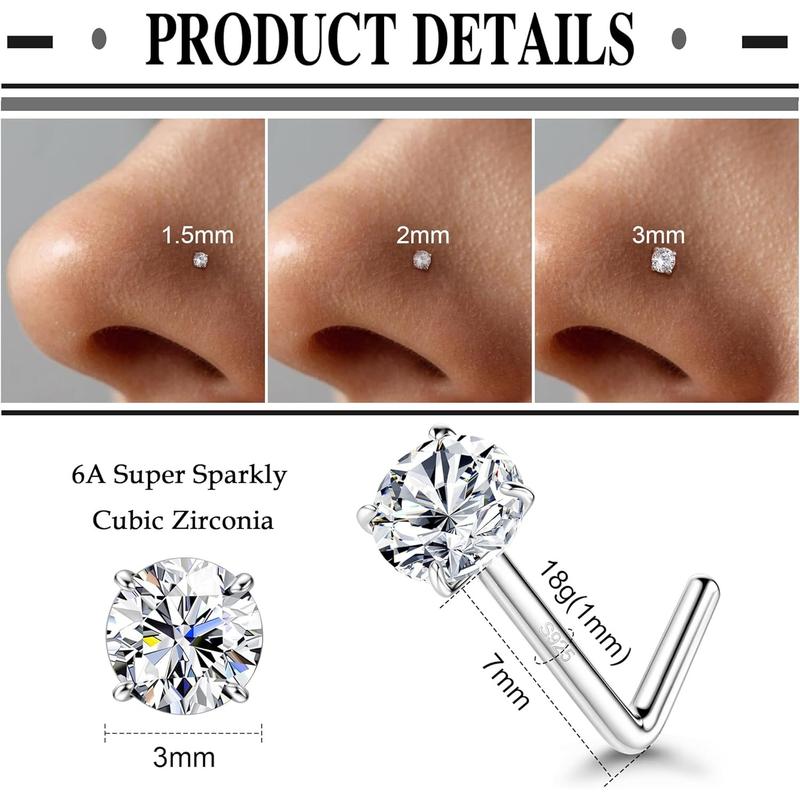 Fansilver Nose Studs, 18G 20G L Shaped Nose Rings, Simulated CZ Hypoallergenic Nose Piercings for Women Men 1.5 2 3MM