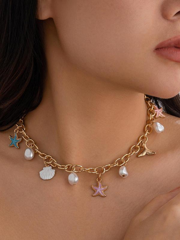 Boho Style Starfish & Faux Pearl Decor Adjustable Necklace & Bracelet, Marine Life Design Jewelry Set for Women, Fashion Accessories for Beach Party Vacation