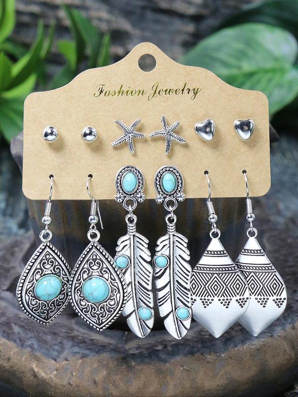 Vintage Boho Style Turquoise Texture Design Earrings Set, Fashionable Hollow Jewelry Set for Women & Girls, Trendy Accessories for Party and Daily Life