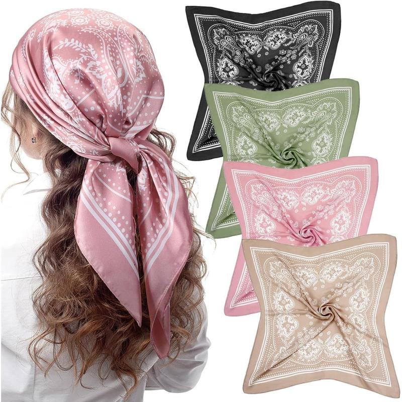 4 Pcs 27'' Square Satin Head Scarves Satin Bandanas for Women Satin Headband Scarves Silk Feeling Scarf Headwear