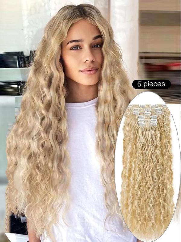 6pcs set Women's Long Wavy Clip-in Hair Extensions, Natural Fluffy Curly Soft Synthetic Hair Extensions, Hairpieces for Daily Use