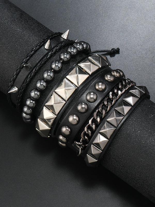 Punk Style Rivet & Beaded & Braided Decor Bracelet Set, Fashionable Adjustable Bracelet for Party, Daily Clothing Decor, Trendy All-match & Exquisite Jewelry for Gift