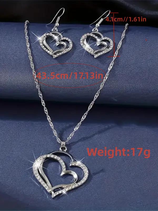 Rhinestone Decorated Hollow Heart Shaped Pendant Necklace & Dangle Earrings, 3pcs Exquisite Fashion Alloy Jewelry Set for Wedding Engagement Bridesmaid Outfit Prom, Holiday Gifts for Women