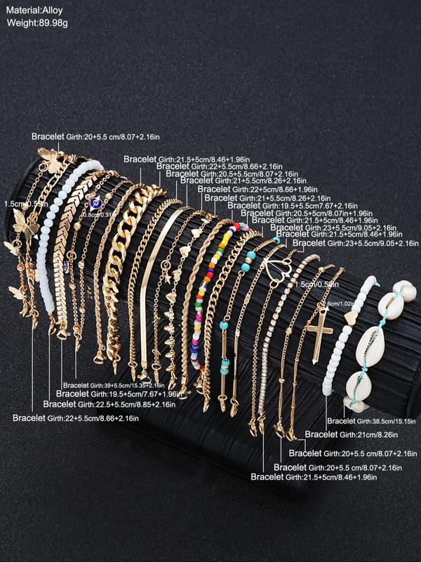 Boho Style Colorblock Beaded & Chain & Heart & Shell & Rhinestone Design Anklets, 22pcs Stylish Anklets for Women, Trendy Exquisite Jewelry As Gift