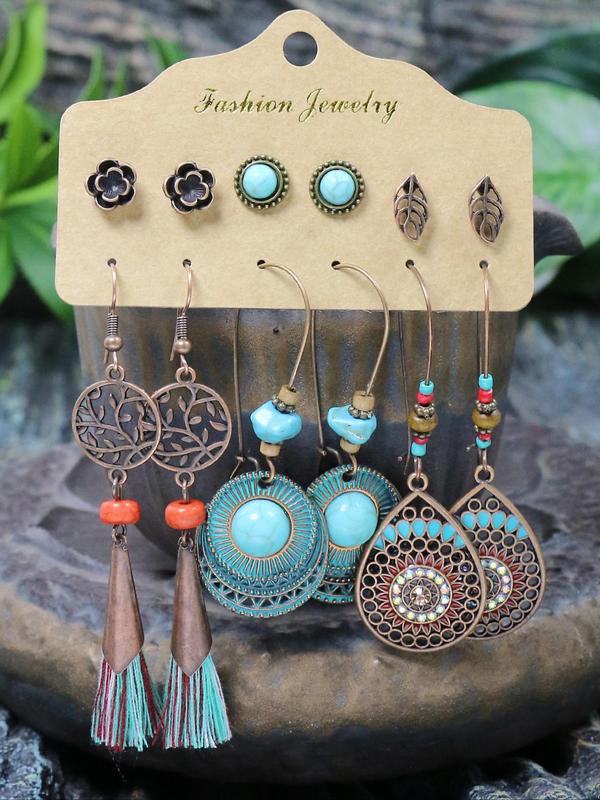 Vintage Boho Style Turquoise Texture Design Earrings Set, Fashionable Hollow Jewelry Set for Women & Girls, Trendy Accessories for Party and Daily Life