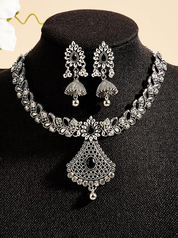 Women's Elegant Boho Style Jewelry Set, Exquisite Trendy Rhinestone Decorated Pendant Necklace & Dangle Earrings, Chic Jewelry Set for Party Decoration