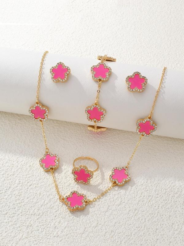 Women's Elegant Rhinestone Decor Flower Design Necklace & Stud Earrings & Ring & Bracelet, Exquisite Trendy Jewelry Set, Fashionable Accessories for Party & Daily