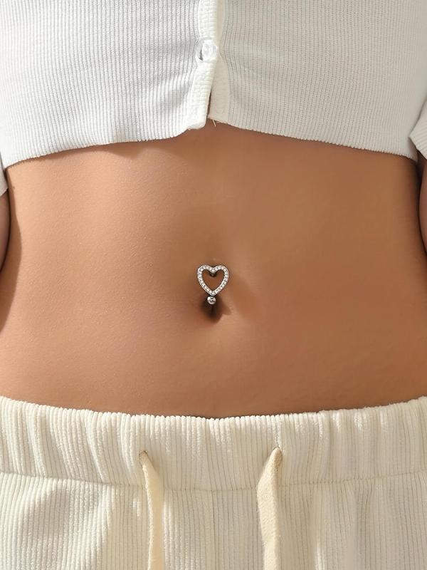 Rhinestone Heart Shaped Belly Ring,  Stainless Steel Body Piercing Jewelry for Women & Girls, Body Jewelry for Party, Daily Clothing Decor, Trendy All-match & Exquisite Jewelry for Birthday Gift