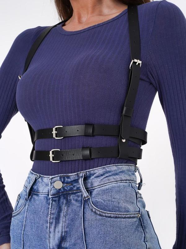 Women's Solid Color Adjustable Harness Belt With Buckle, Trendy Punk Style Decorative Belt For Clothes Decor For Party