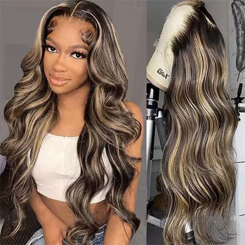 P1B 27 13x4 Highlight Blonde Body Wave Lace Front Wigs Human Hair Honey Blonde Colored Lace Frontal Glueless Wigs Human Hair Pre Plucked for Women with Baby Hair