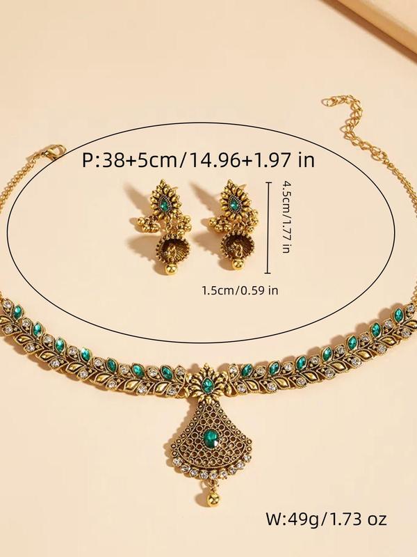 Women's Elegant Boho Style Jewelry Set, Exquisite Trendy Rhinestone Decorated Pendant Necklace & Dangle Earrings, Chic Jewelry Set for Party Decoration