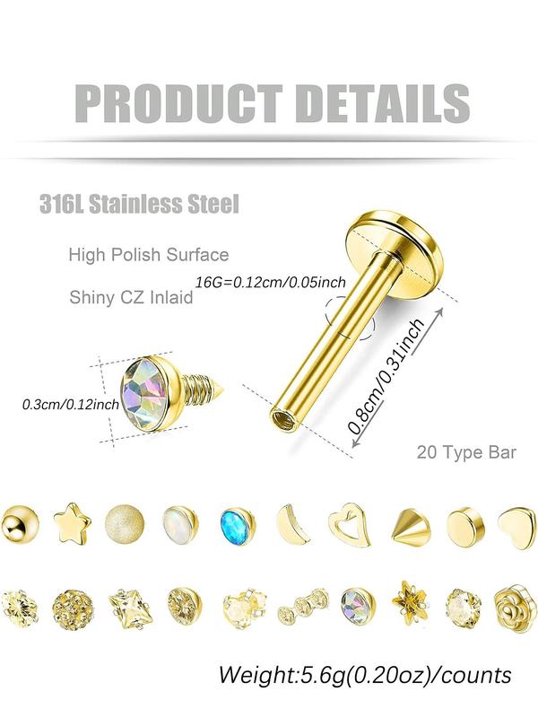 Stainless Steel Forward Helix Monroe Labret Lip Nose Studs, Cz Balls Heart Flower Medusa Piercings, Body Jewelry for Men Women