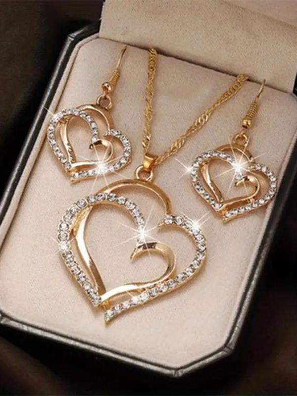 Rhinestone Decorated Hollow Heart Shaped Pendant Necklace & Dangle Earrings, 3pcs Exquisite Fashion Alloy Jewelry Set for Wedding Engagement Bridesmaid Outfit Prom, Holiday Gifts for Women