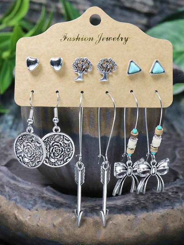 Vintage Boho Style Turquoise Texture Design Earrings Set, Fashionable Hollow Jewelry Set for Women & Girls, Trendy Accessories for Party and Daily Life