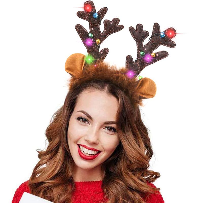 Reindeer Antlers Headband, LED Deer Antlers Headband with Bells Light Up Christmas Reindeer Ears Headband