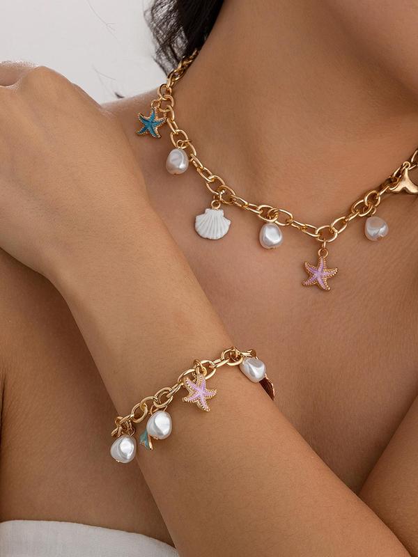 Boho Style Starfish & Faux Pearl Decor Adjustable Necklace & Bracelet, Marine Life Design Jewelry Set for Women, Fashion Accessories for Beach Party Vacation