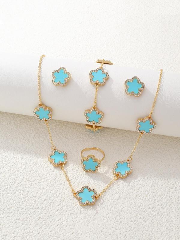 Women's Elegant Rhinestone Decor Flower Design Necklace & Stud Earrings & Ring & Bracelet, Exquisite Trendy Jewelry Set, Fashionable Accessories for Party & Daily