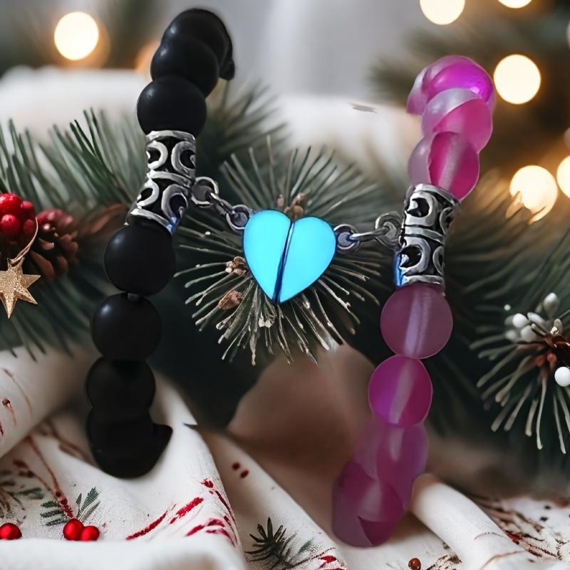 2 Pieces Necklace +2 Pieces Luminous Heart Matching Bracelet Vintage Boho Style For Men Women Couple Best Friend Jewellery Set Gift