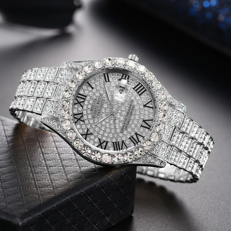 Diamond Dial Roman Scale Steel Watch Men's Calendar Quartz Watch Starry Men's Watch