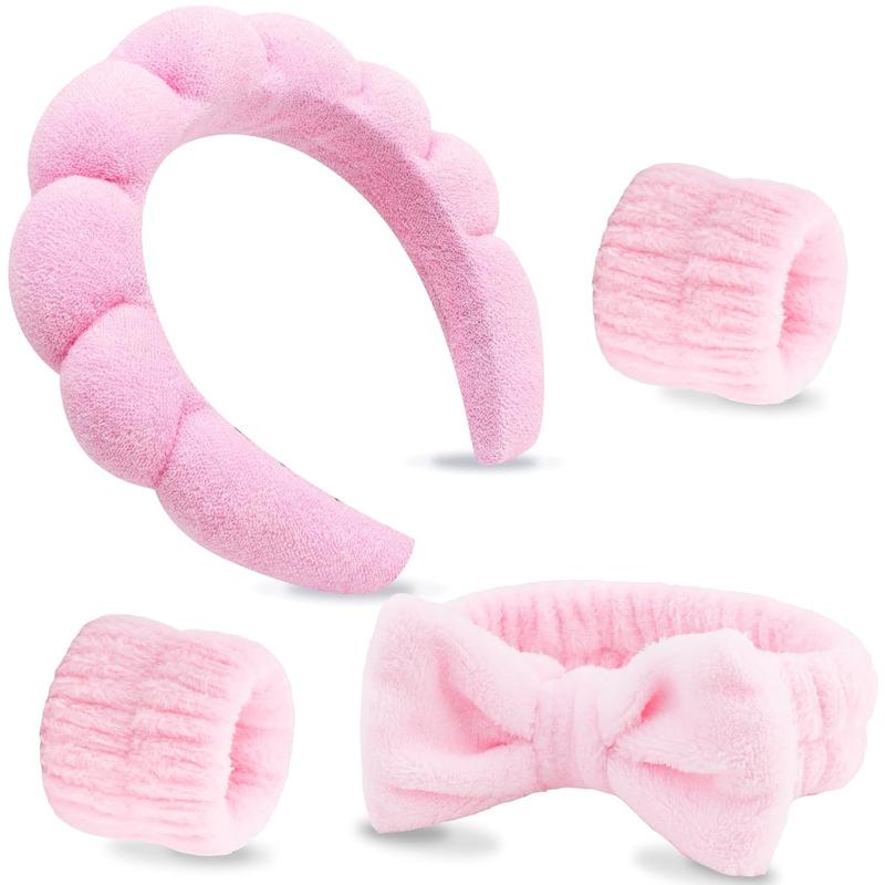 Makeup Hair Accessories Set - 4 count Face Wash Headbands, Pink Puffy Sponge Bow Tie Headbands and Wristbands, Skincare Gift Set for Women and Girls