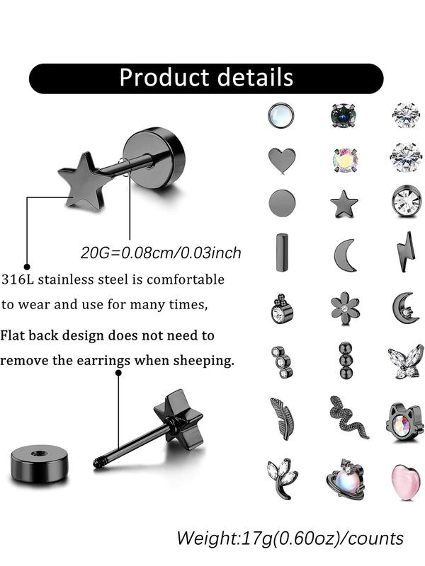 Rhinestone & Heart & Star & Butterfly & Snake Design Stud Earrings, Stainless Steel Earrings for Women & Men, Fashion Jewelry for Party, Daily Decor, Exquisite Jewelry for Birthday Gift