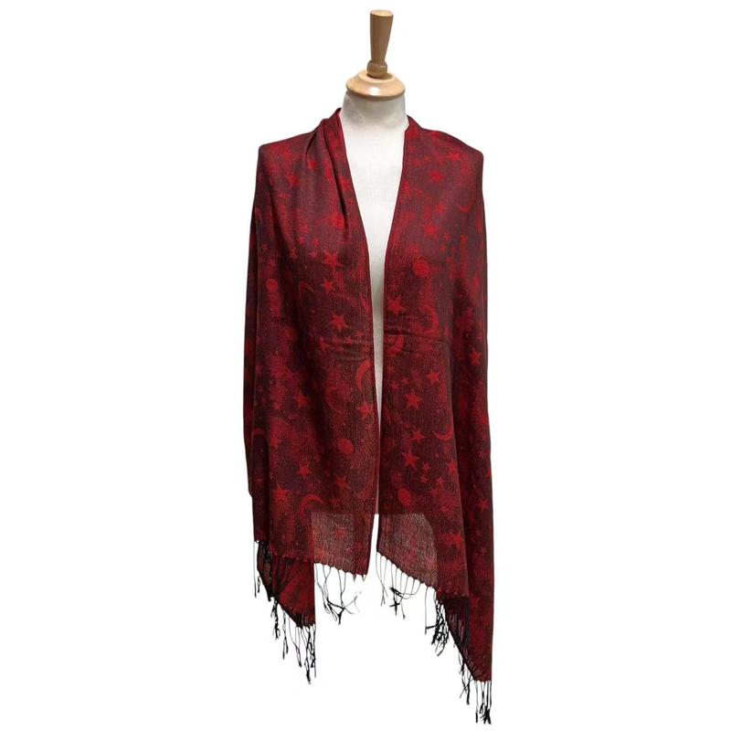 2024 Fall New Arrival Stylish Moon & Stars Pashmina Shawl with Tassels - Elegant Red & Chic Camel，Solid Color Options